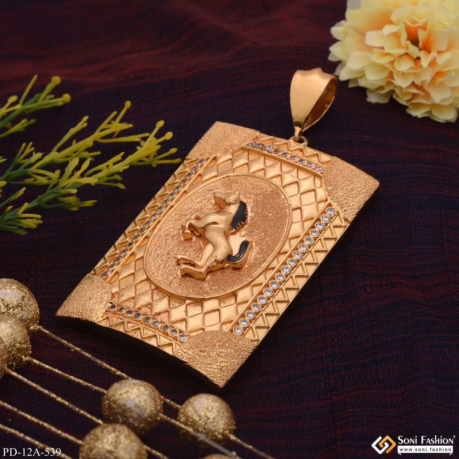 Very Big Horse In Tringle Pattern Diamond Gold Plated Pendant - Style A539 - Image 2