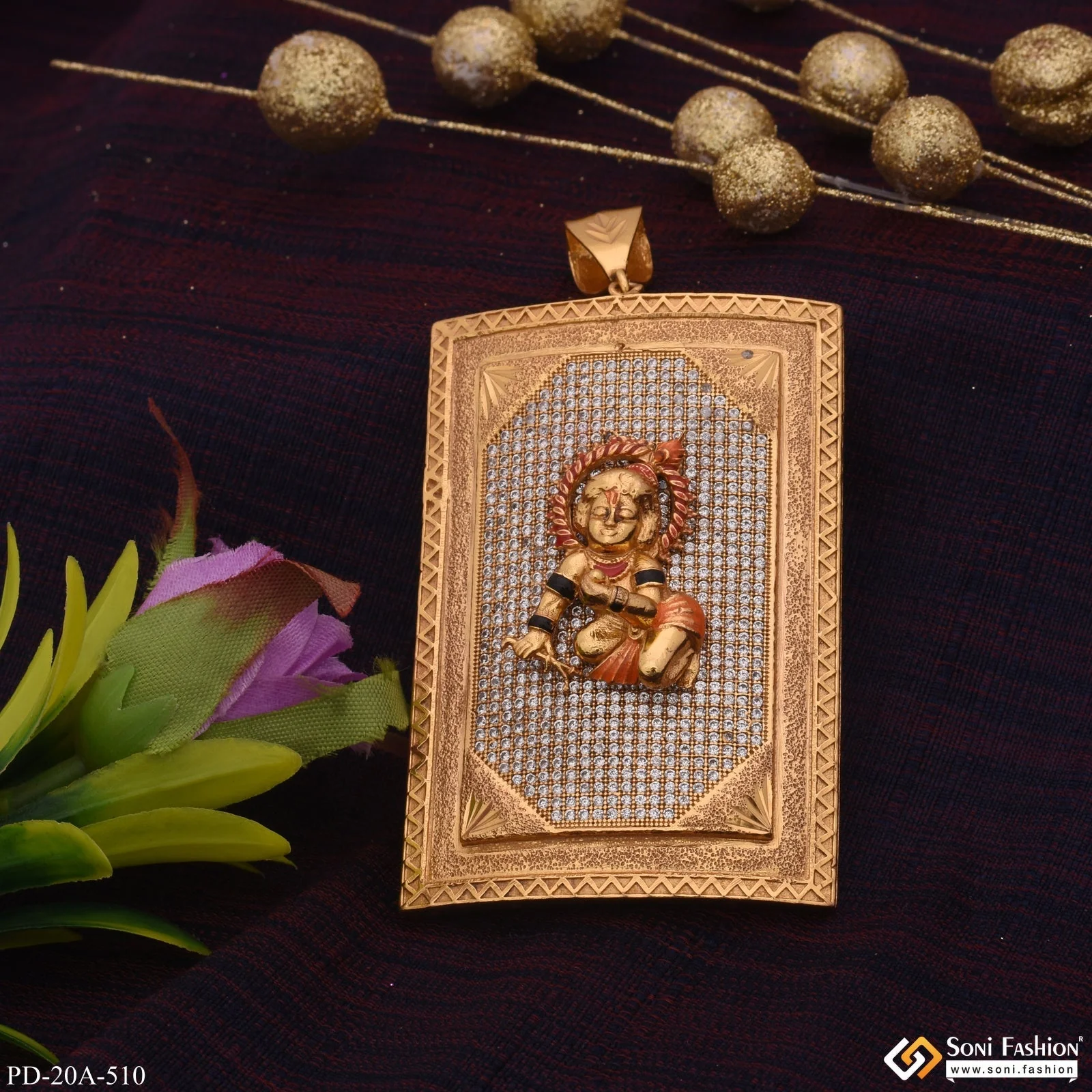 Very Big Size Krishna In Diamond Background Gold Plated Attractive Pendant - Style A510 - Image 3