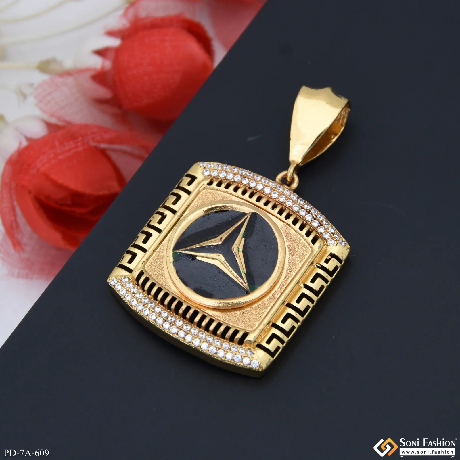 Very Glossy Triangle Logo In Black With Texture Background Diamond Gold Plated Pendant - Style A609