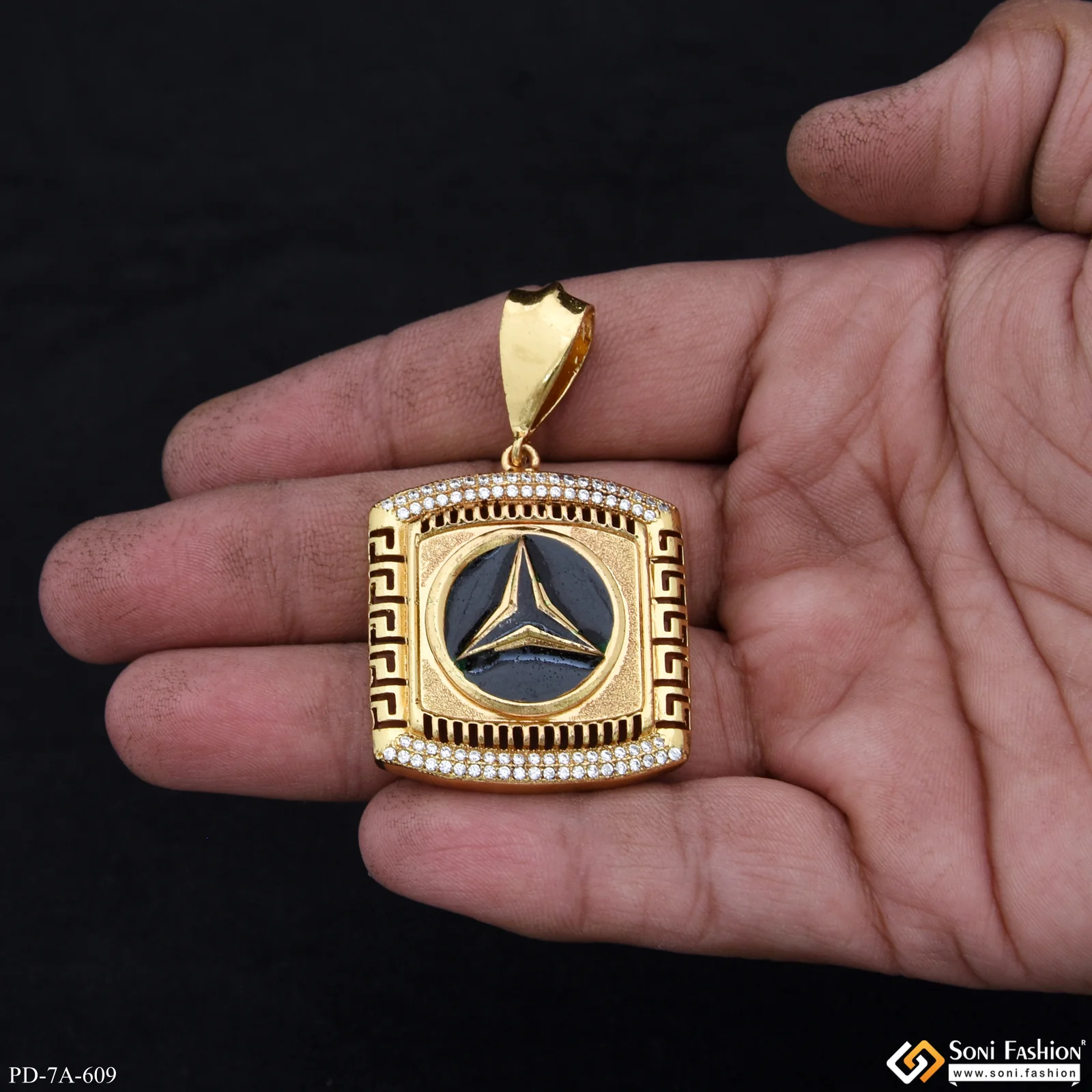 Very Glossy Triangle Logo In Black With Texture Background Diamond Gold Plated Pendant - Style A609 - Image 2