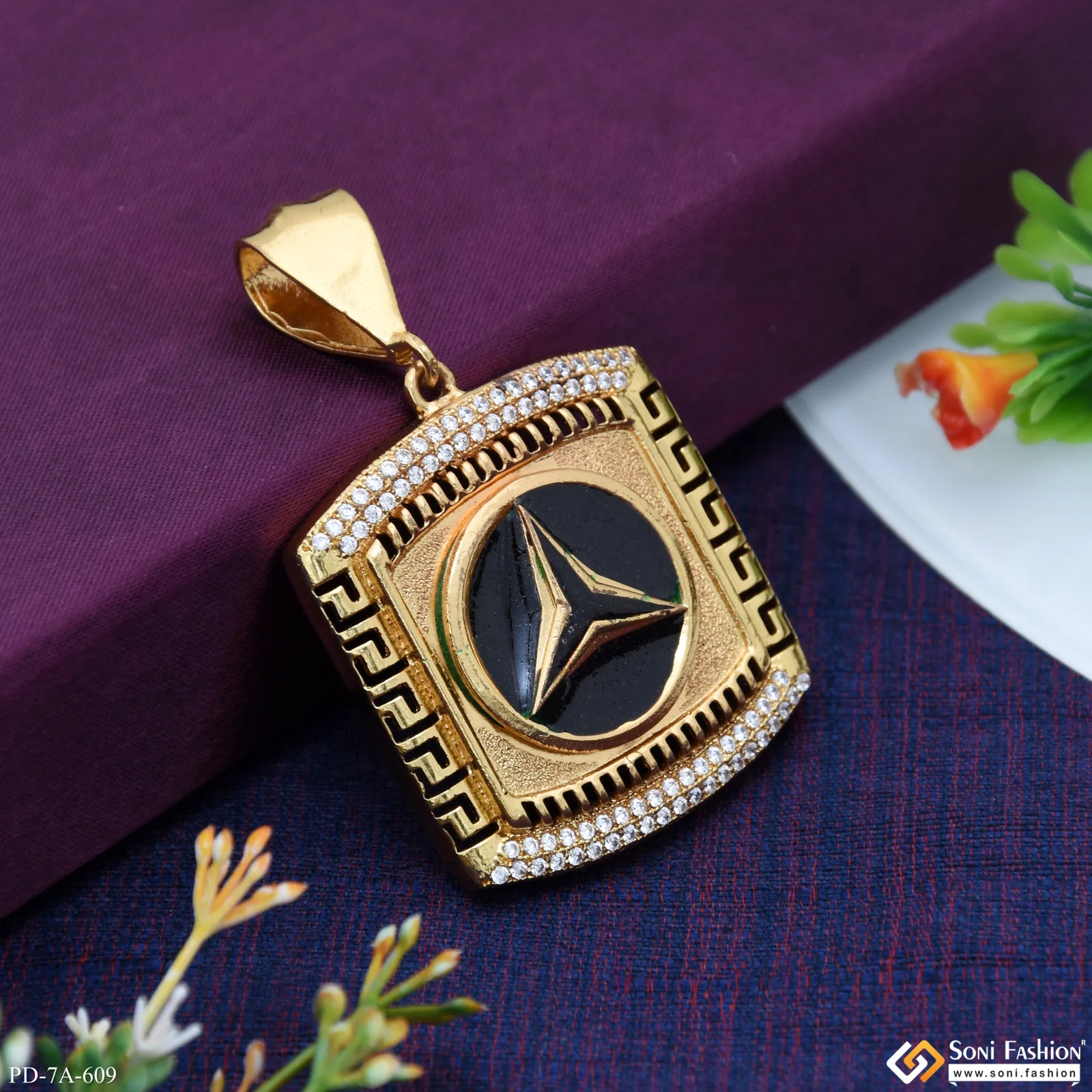 Very Glossy Triangle Logo In Black With Texture Background Diamond Gold Plated Pendant - Style A609 - Image 3