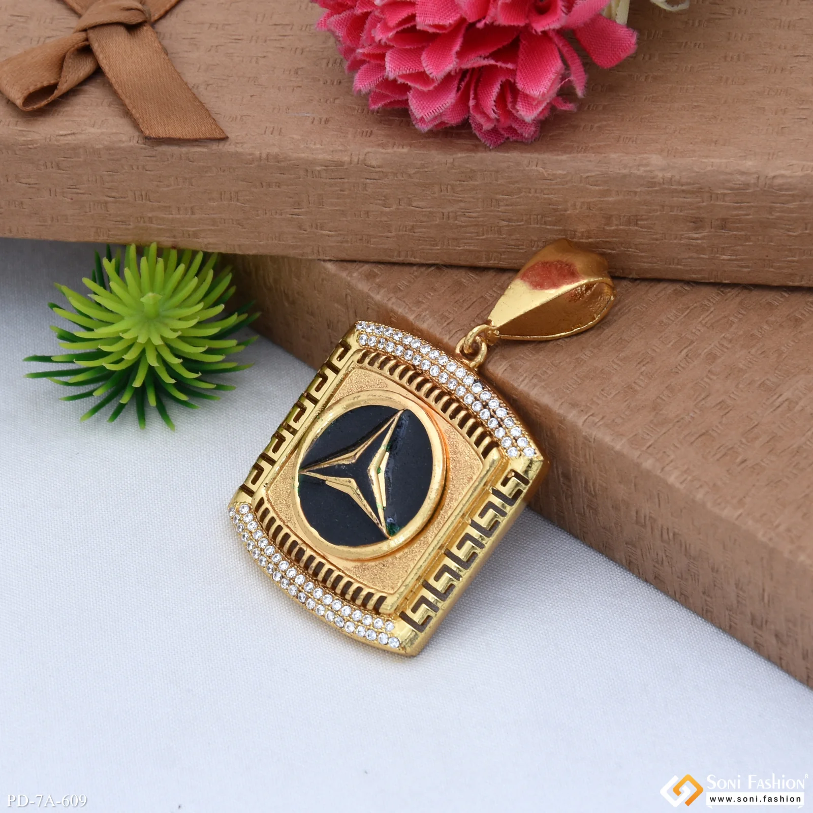 Very Glossy Triangle Logo In Black With Texture Background Diamond Gold Plated Pendant - Style A609 - Image 4