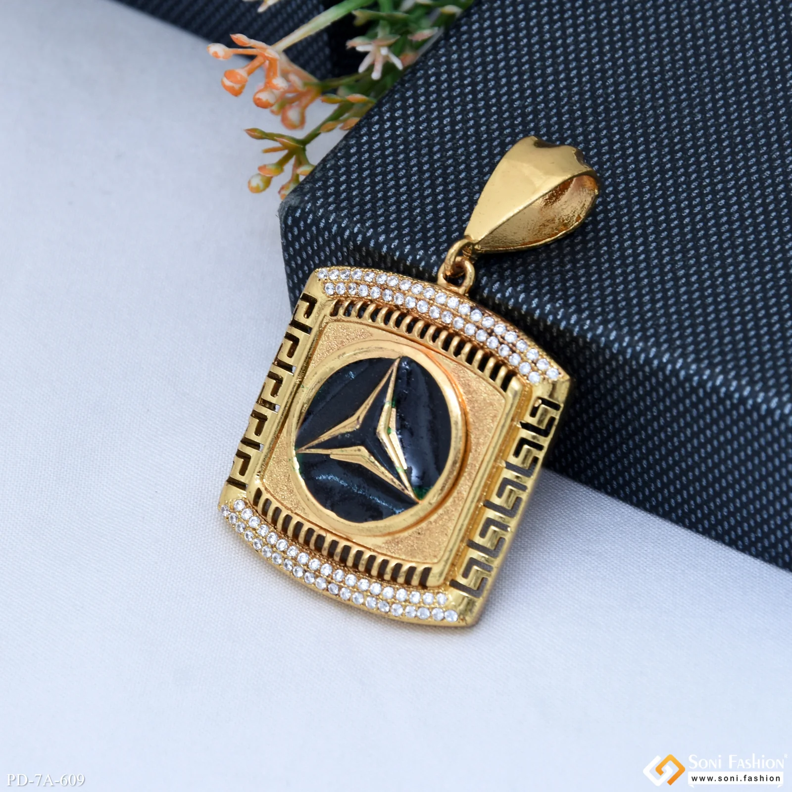 Very Glossy Triangle Logo In Black With Texture Background Diamond Gold Plated Pendant - Style A609 - Image 5