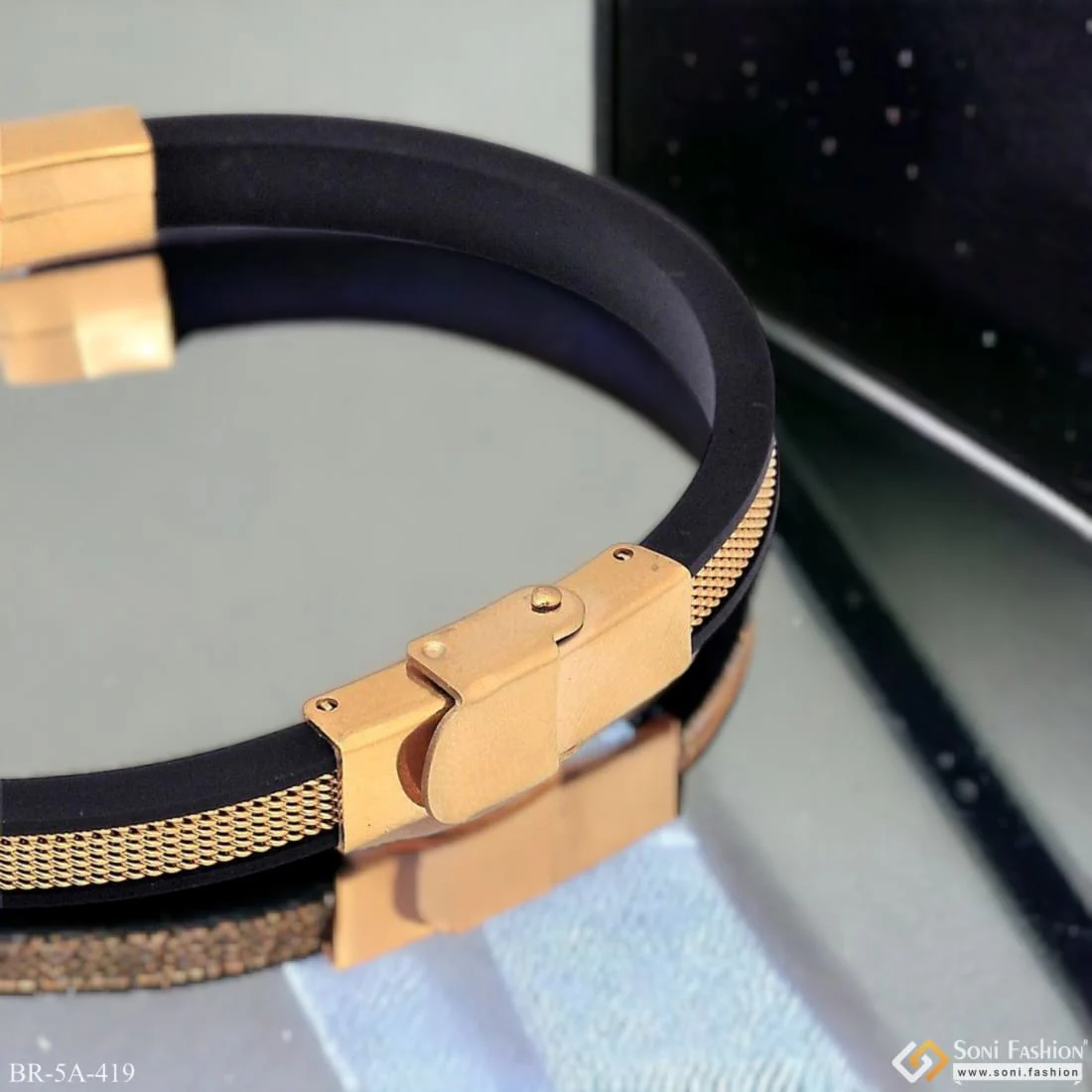 Very Trending Fancy Black Golden Rubber Bracelet For Men - Style A419 - Image 10