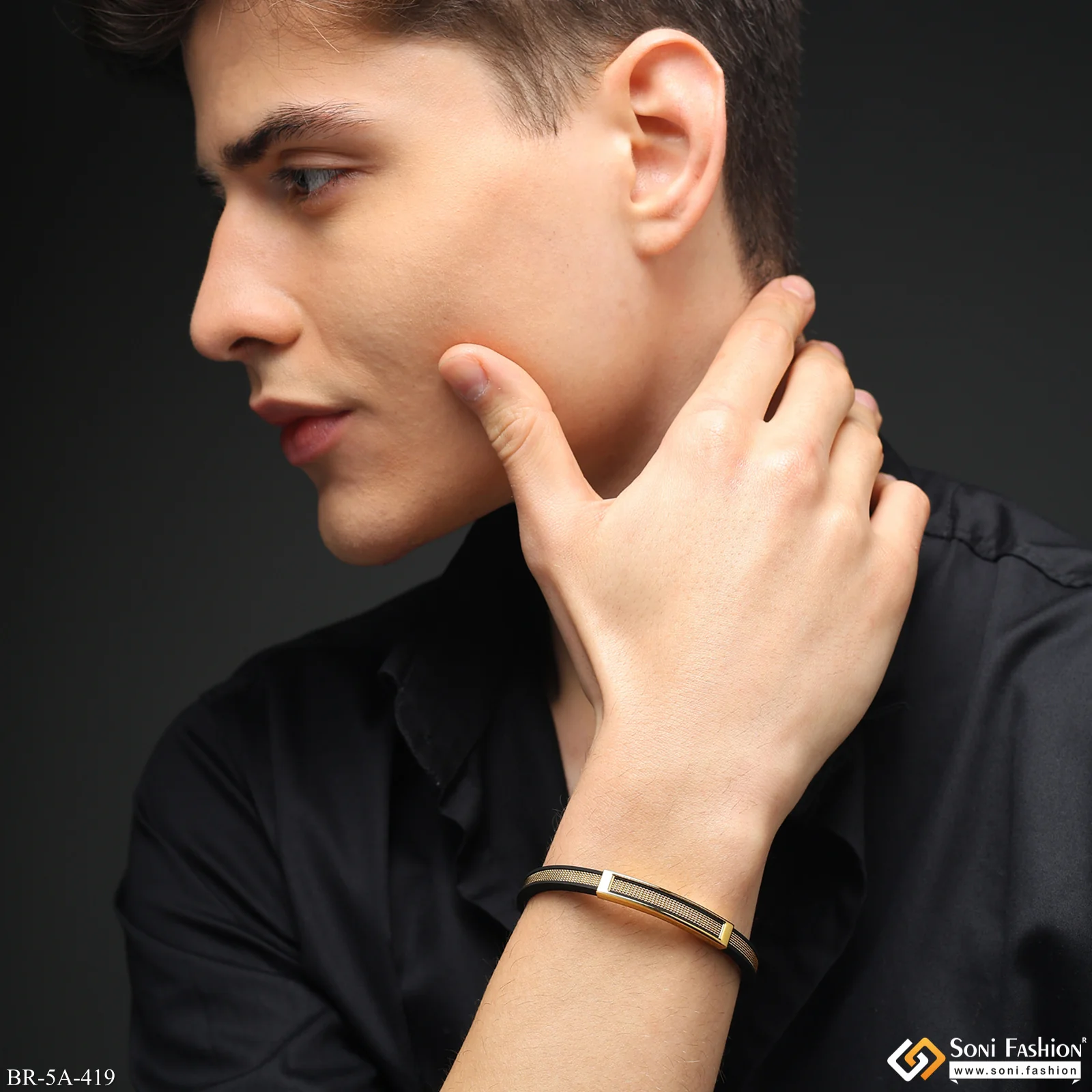 Very Trending Fancy Black Golden Rubber Bracelet For Men - Style A419 - Image 3