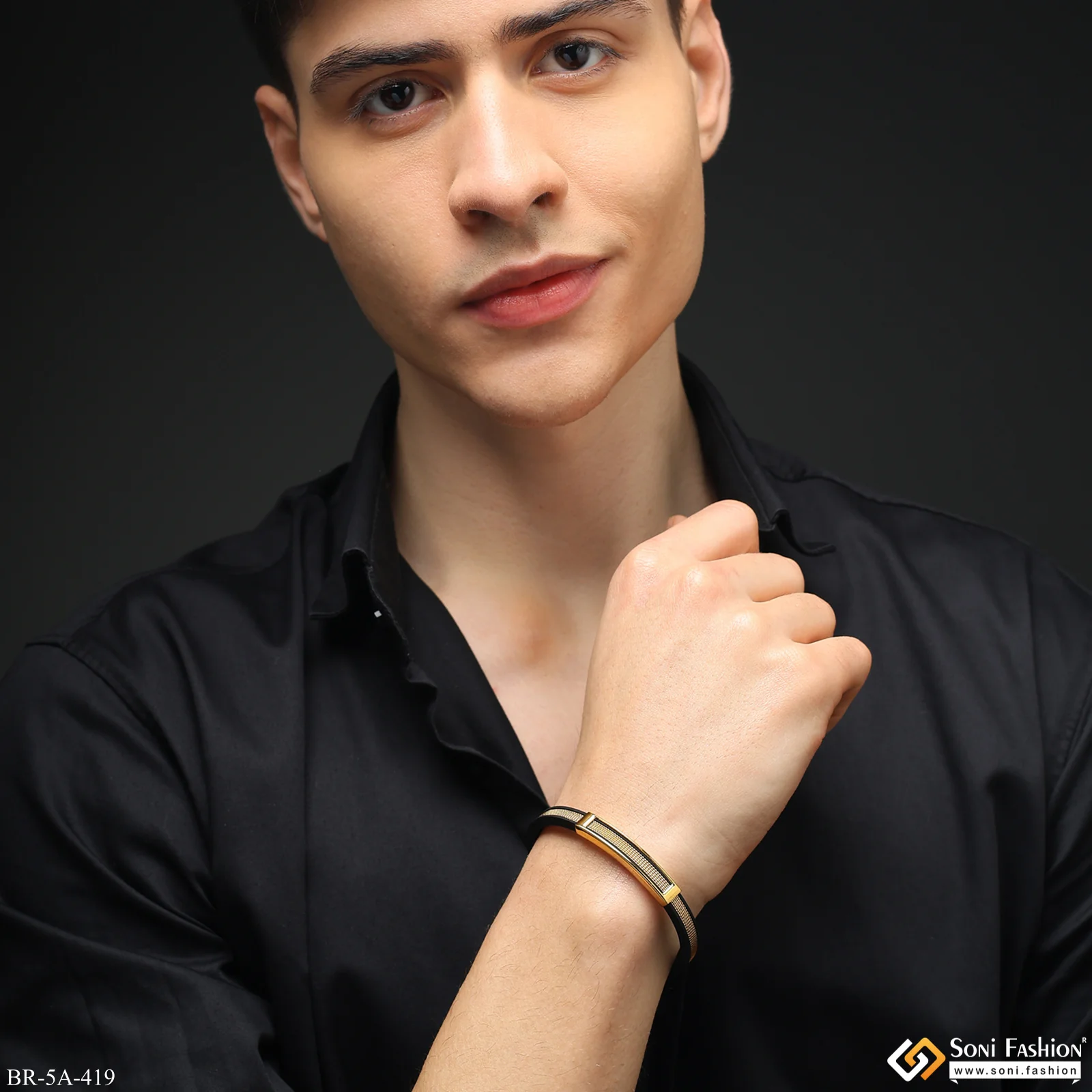 Very Trending Fancy Black Golden Rubber Bracelet For Men - Style A419 - Image 4