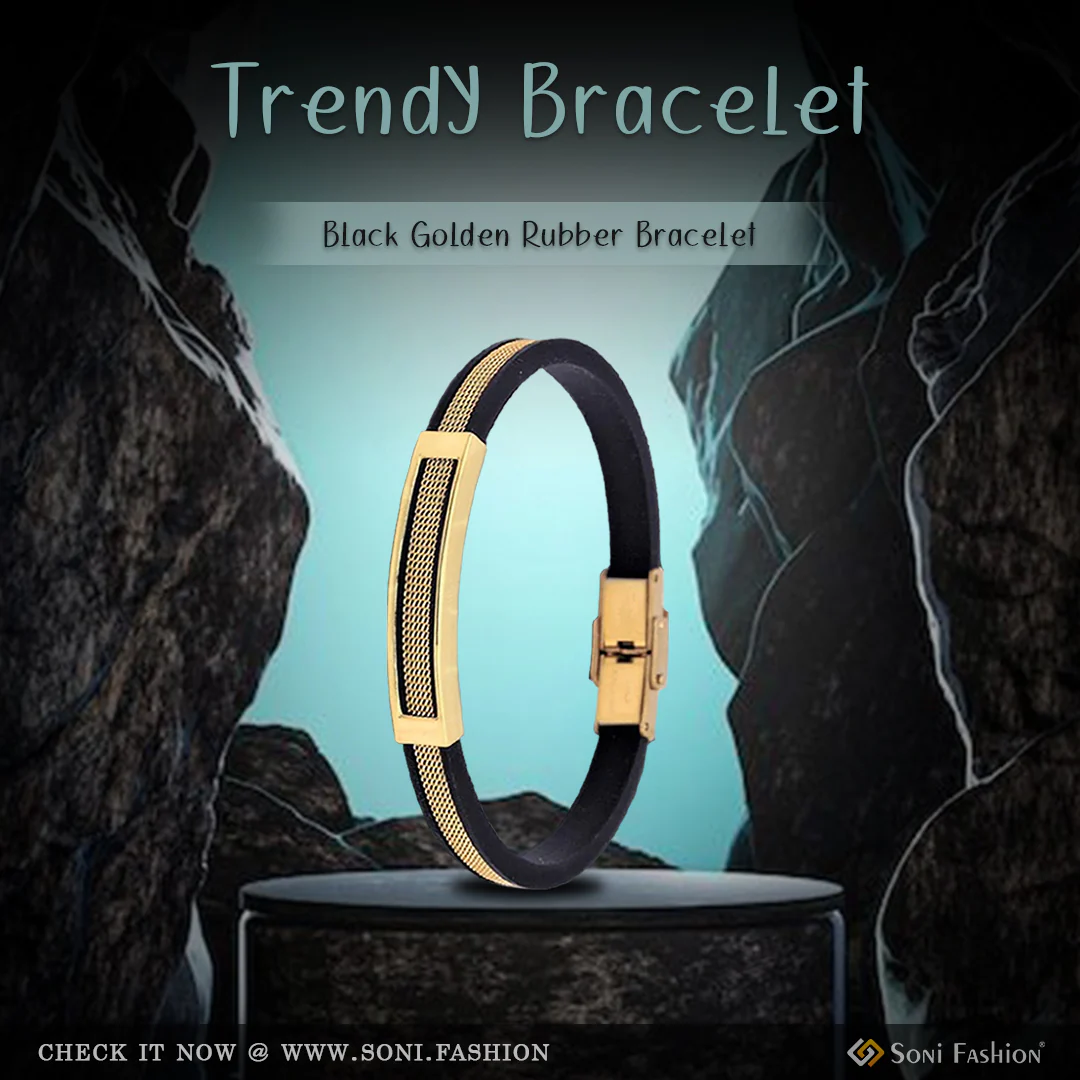 Very Trending Fancy Black Golden Rubber Bracelet For Men - Style A419 - Image 6