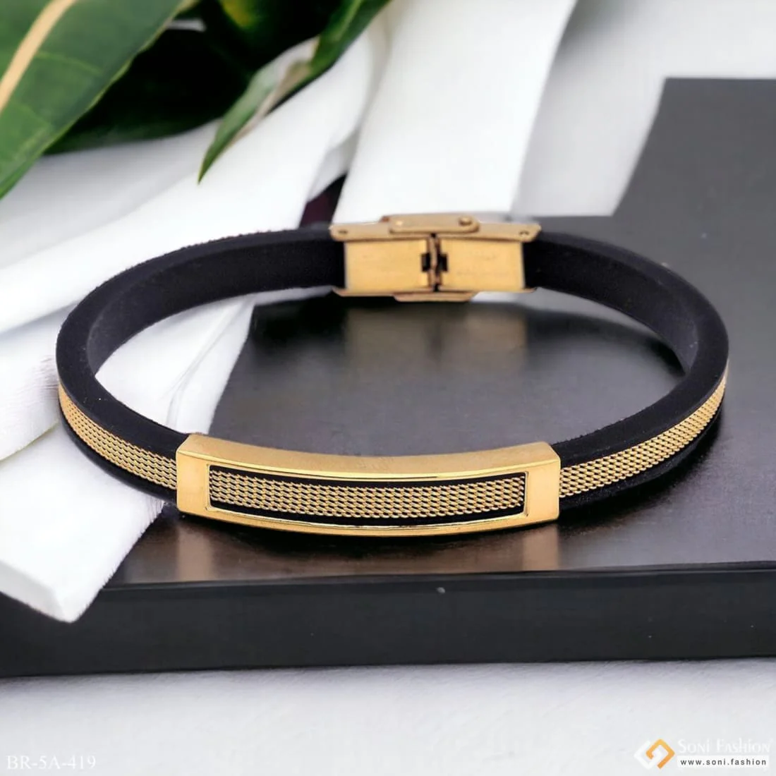 Very Trending Fancy Black Golden Rubber Bracelet For Men - Style A419 - Image 7