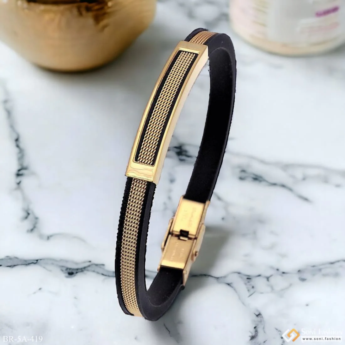 Very Trending Fancy Black Golden Rubber Bracelet For Men - Style A419 - Image 8