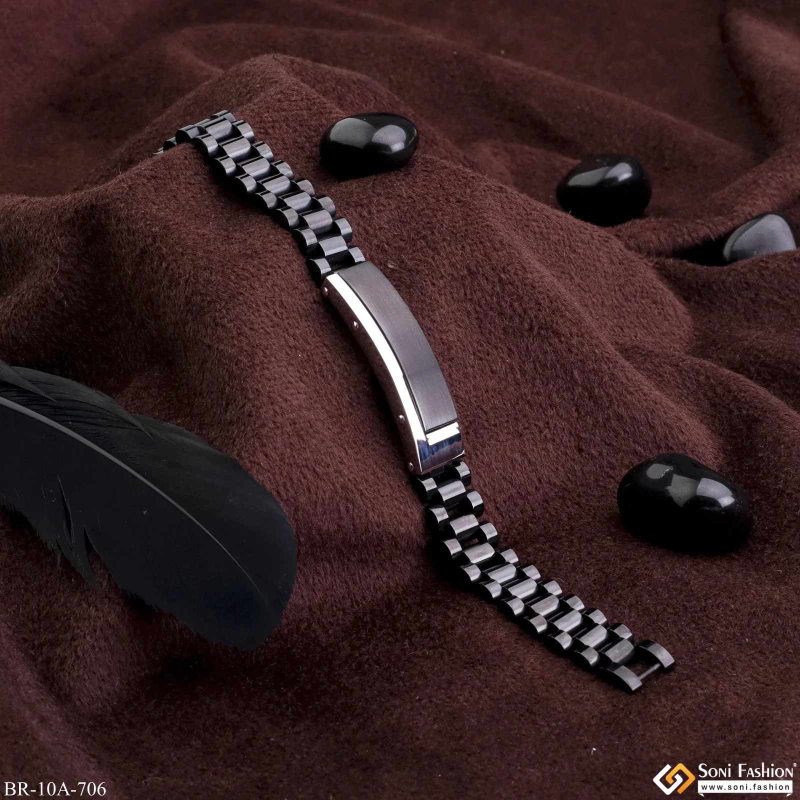 Very Trending Stainless Steel Black Streep Belt Bracelet With Silver Lines - Style A706 - Image 3