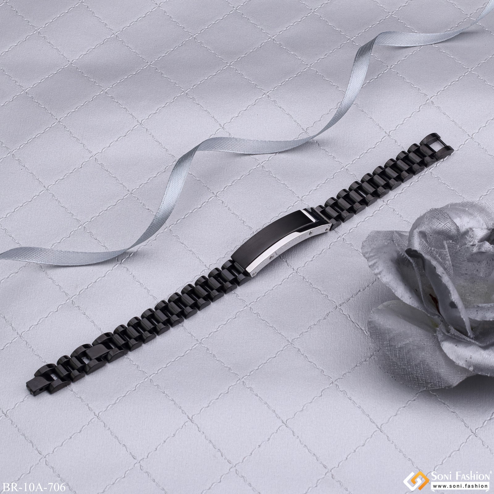 Very Trending Stainless Steel Black Streep Belt Bracelet With Silver Lines - Style A706 - Image 4