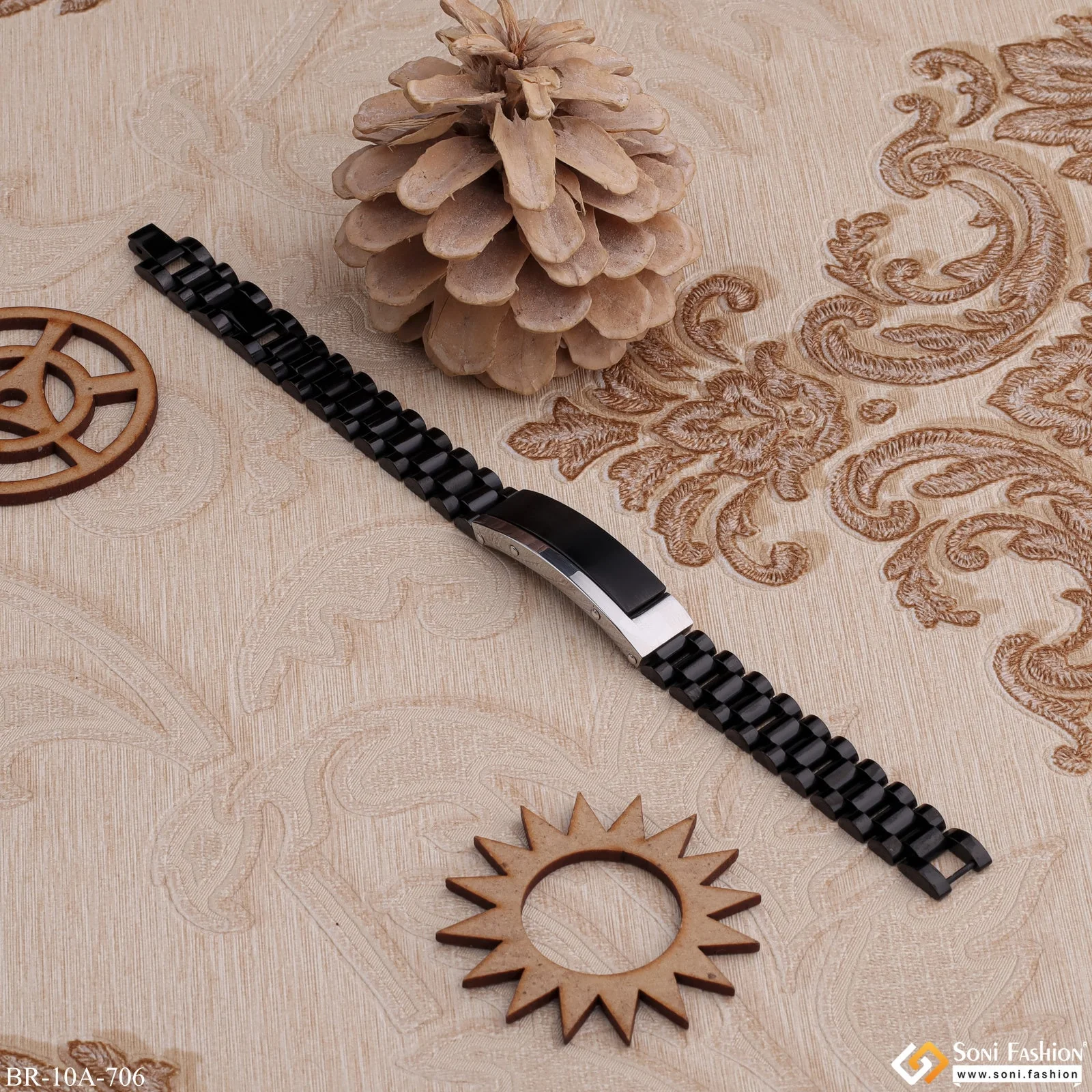 Very Trending Stainless Steel Black Streep Belt Bracelet With Silver Lines - Style A706 - Image 5