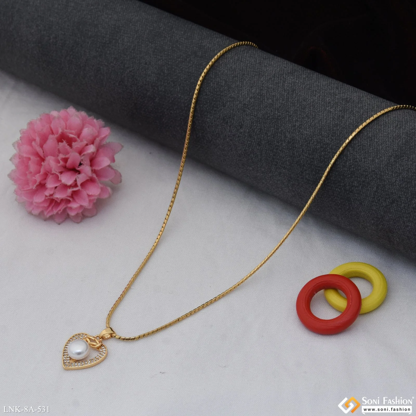 White Bead On heart Shape Pendant With Chain for Ladies - Style A531 - Image 2