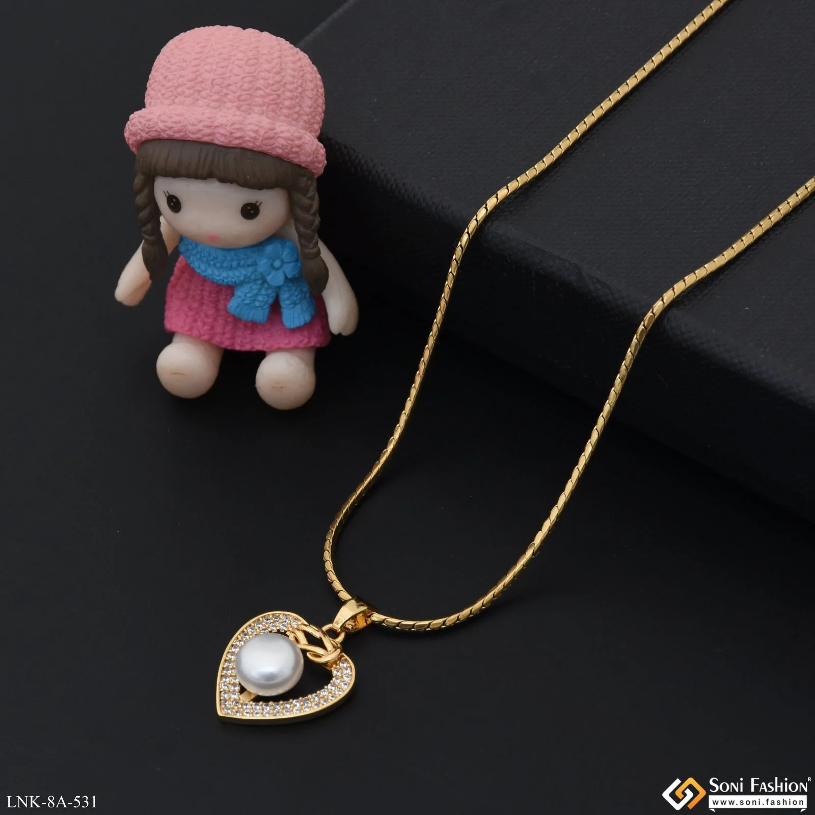 White Bead On heart Shape Pendant With Chain for Ladies - Style A531 - Image 5