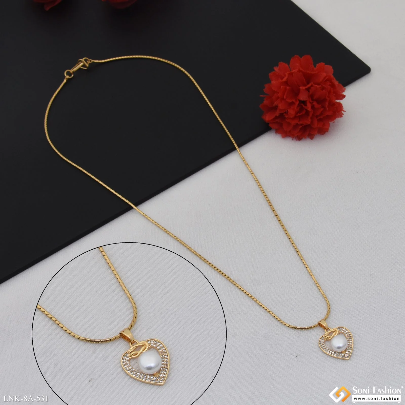 White Bead On heart Shape Pendant With Chain for Ladies - Style A531 - Image 6