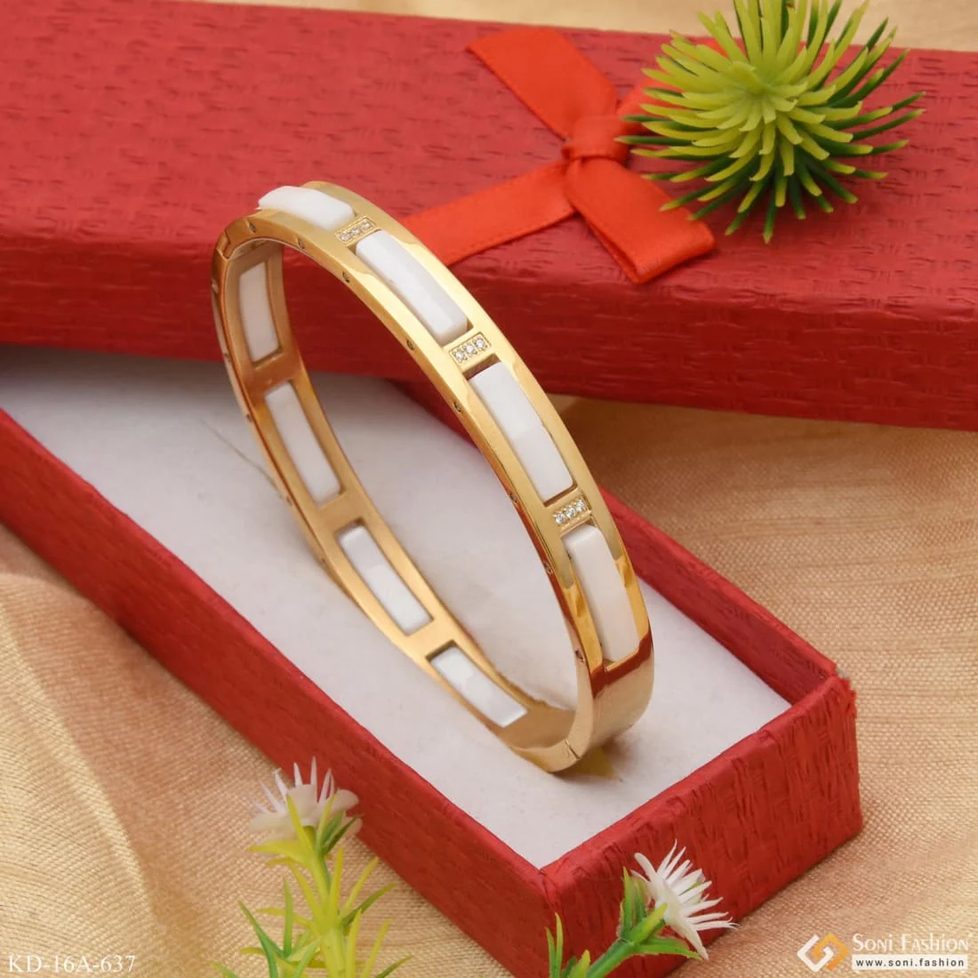 White Ceramic with Diamond Artisanal Design Golden Color Kada - Style A637 - Image 5