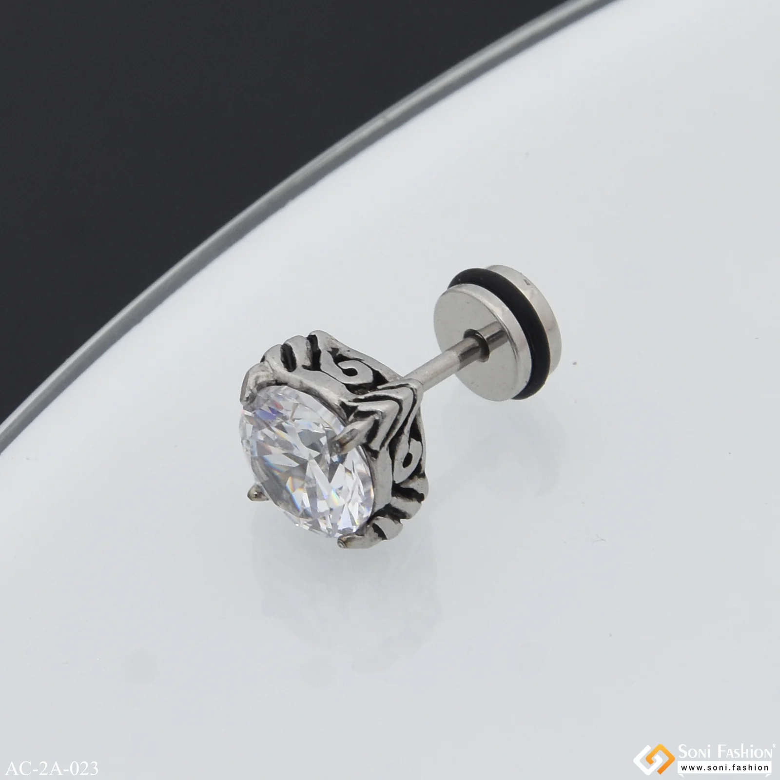 White Round Stone Best Quality Stud Earring for Men (1 Pc) - Style A023 - Image 3