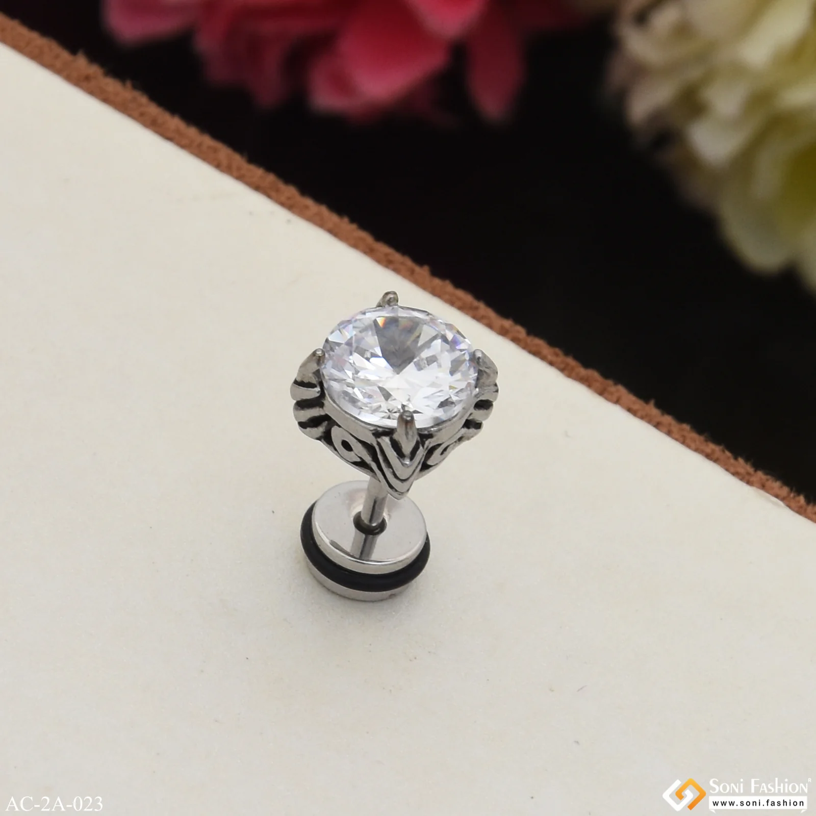 White Round Stone Best Quality Stud Earring for Men (1 Pc) - Style A023 - Image 4
