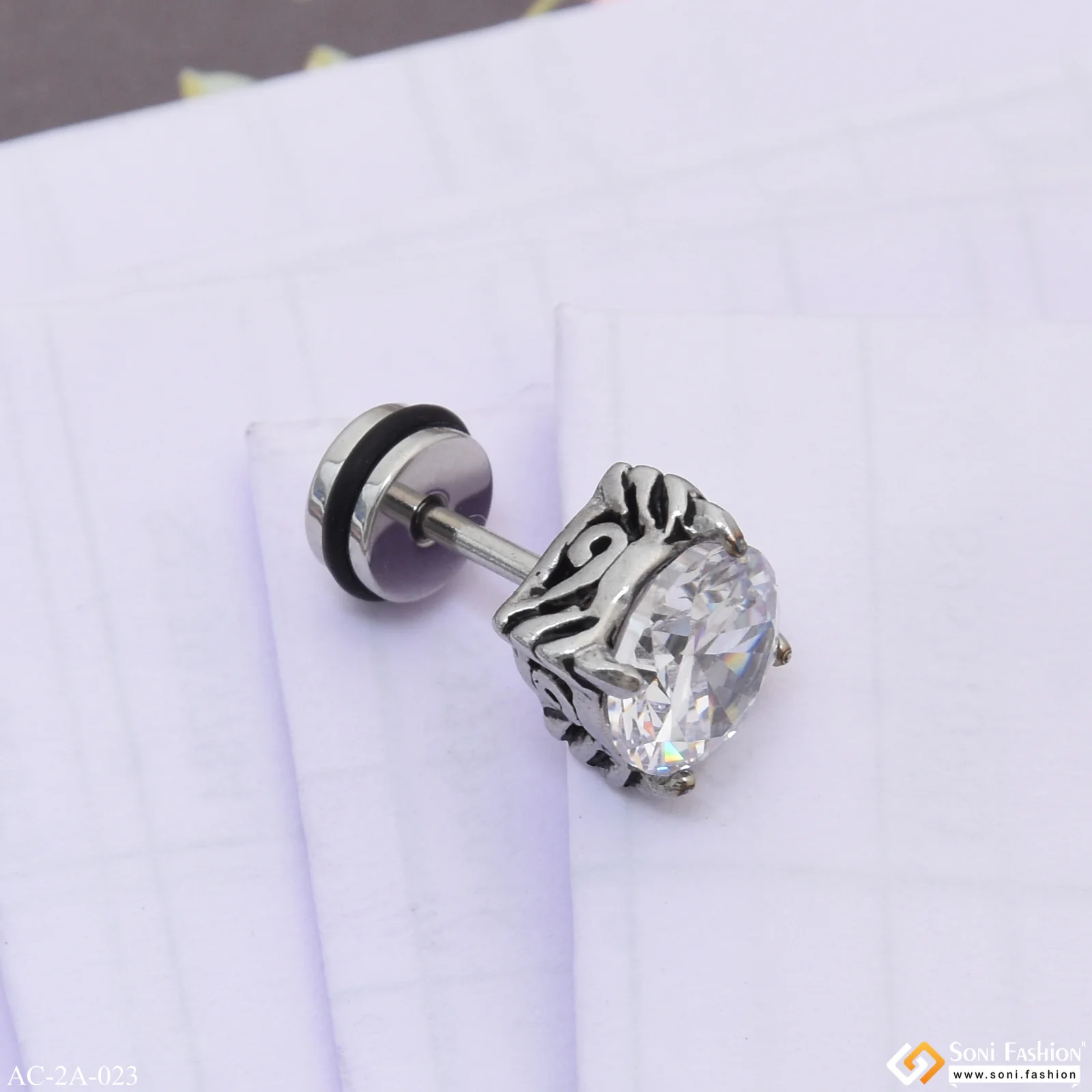 White Round Stone Best Quality Stud Earring for Men (1 Pc) - Style A023 - Image 5