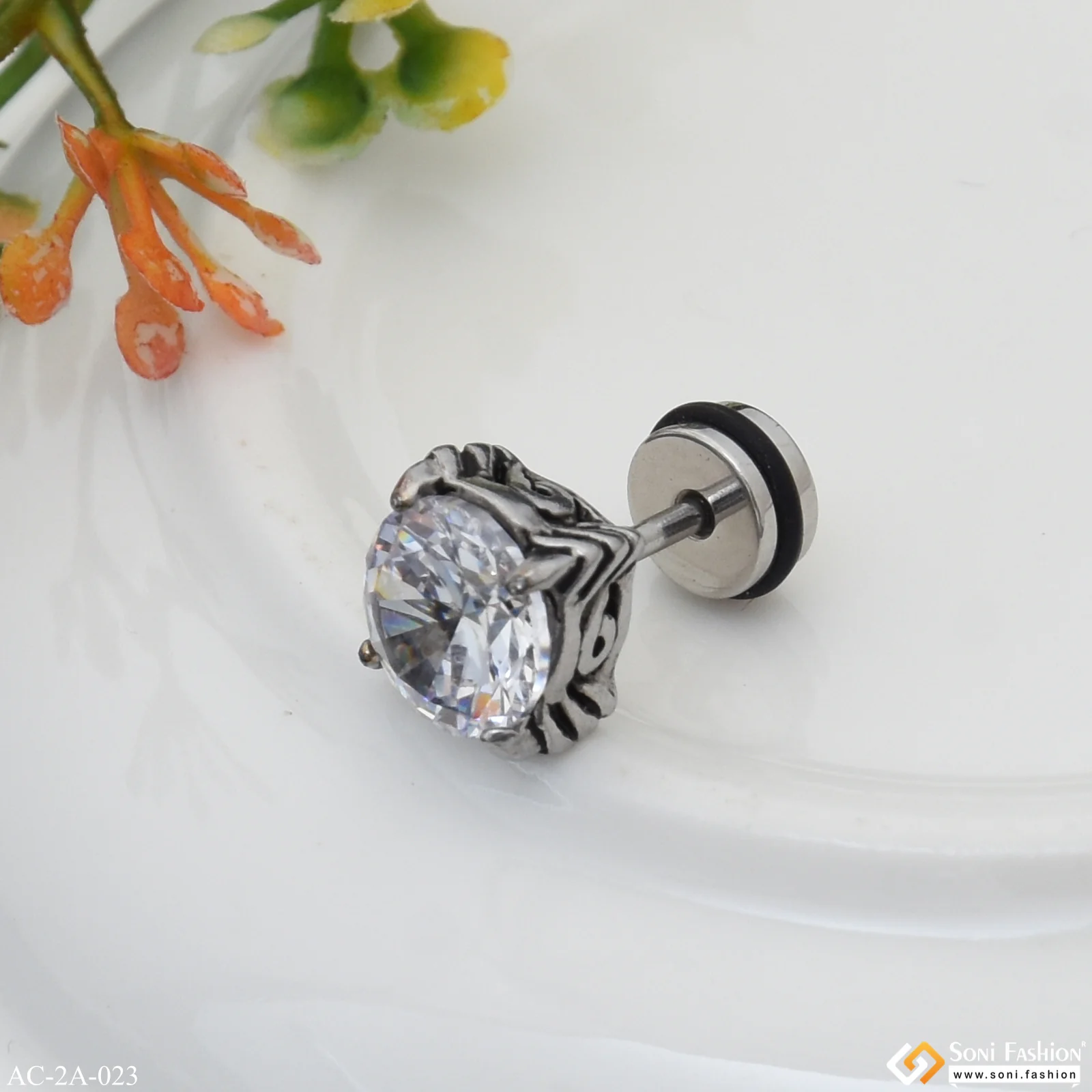 White Round Stone Best Quality Stud Earring for Men (1 Pc) - Style A023 - Image 6