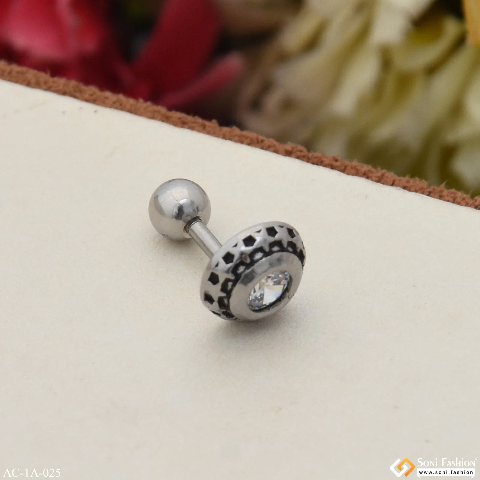 White Round Stone Star Design Surgical Steel for Men (1 Pc) - Style A025 - Image 4