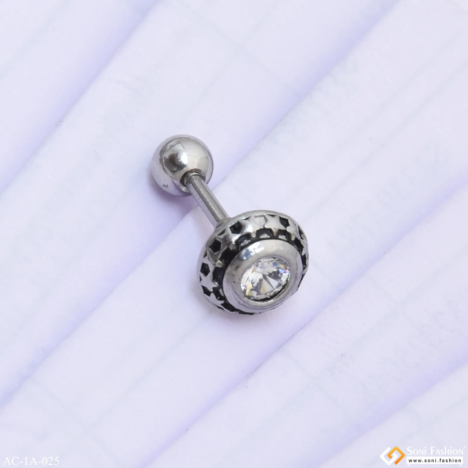 White Round Stone Star Design Surgical Steel for Men (1 Pc) - Style A025 - Image 6