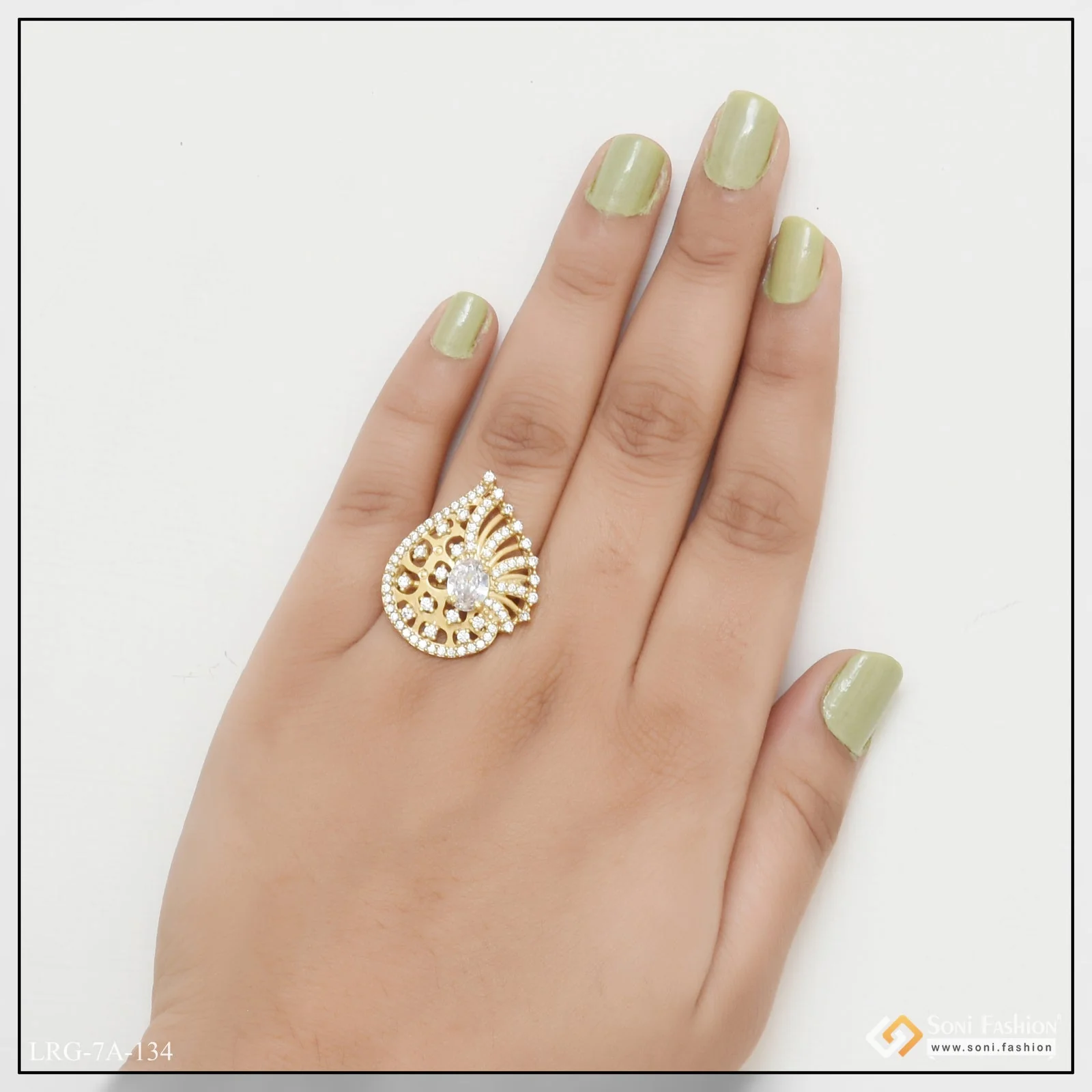 white Stone with Diamond Gorgeous Design Gold Plated Ring for Ladies - Style LRG-134