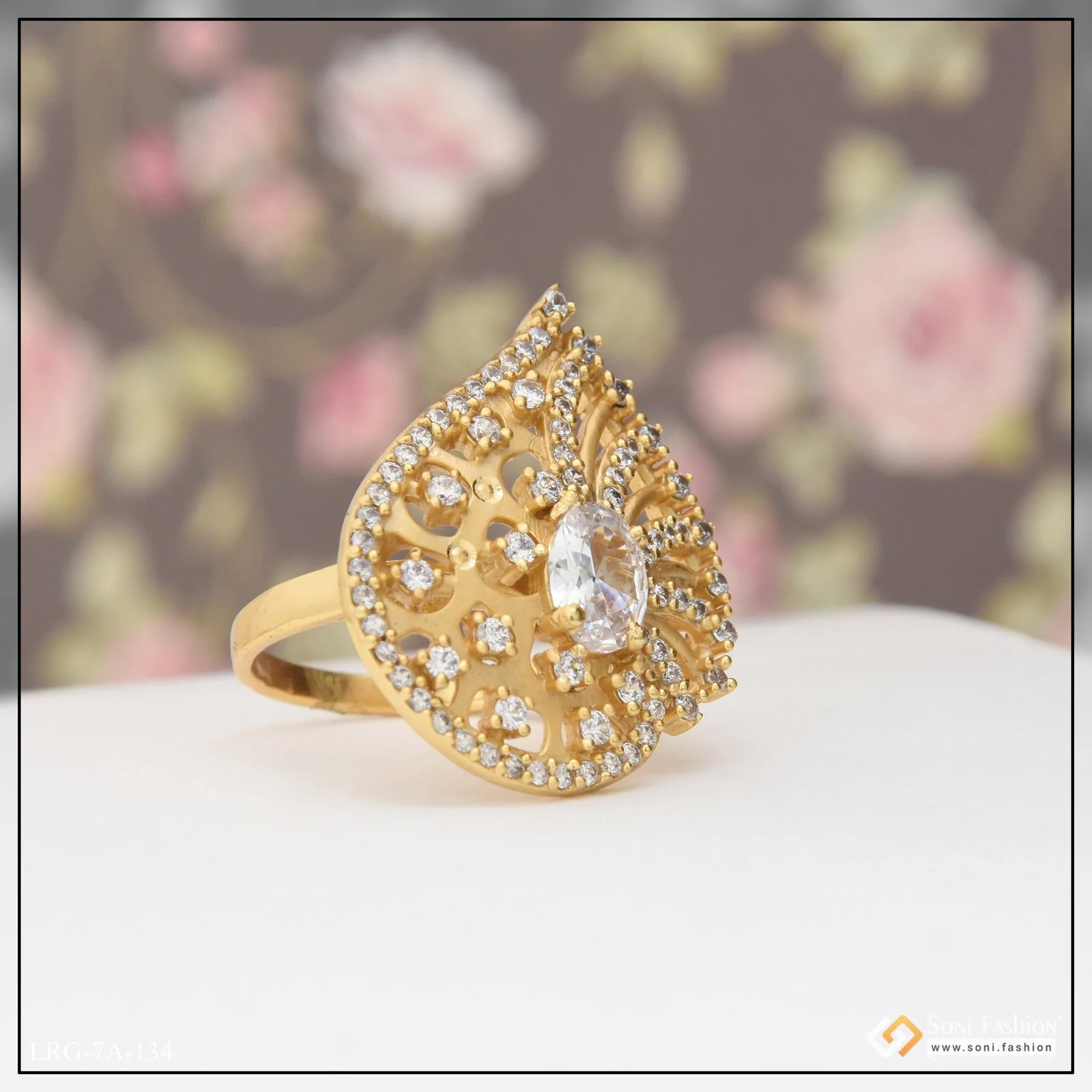 white Stone with Diamond Gorgeous Design Gold Plated Ring for Ladies - Style LRG-134 - Image 2
