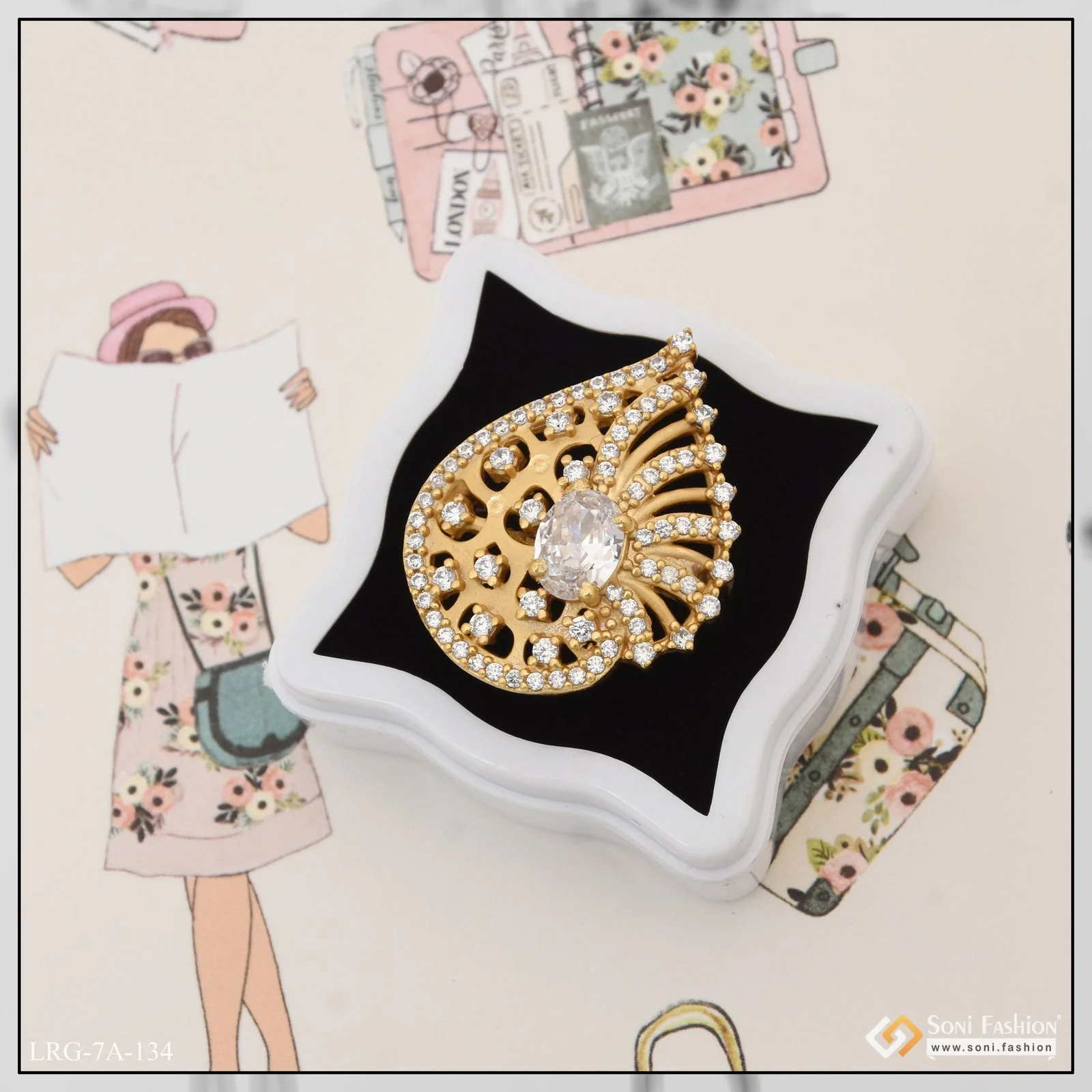 white Stone with Diamond Gorgeous Design Gold Plated Ring for Ladies - Style LRG-134 - Image 3