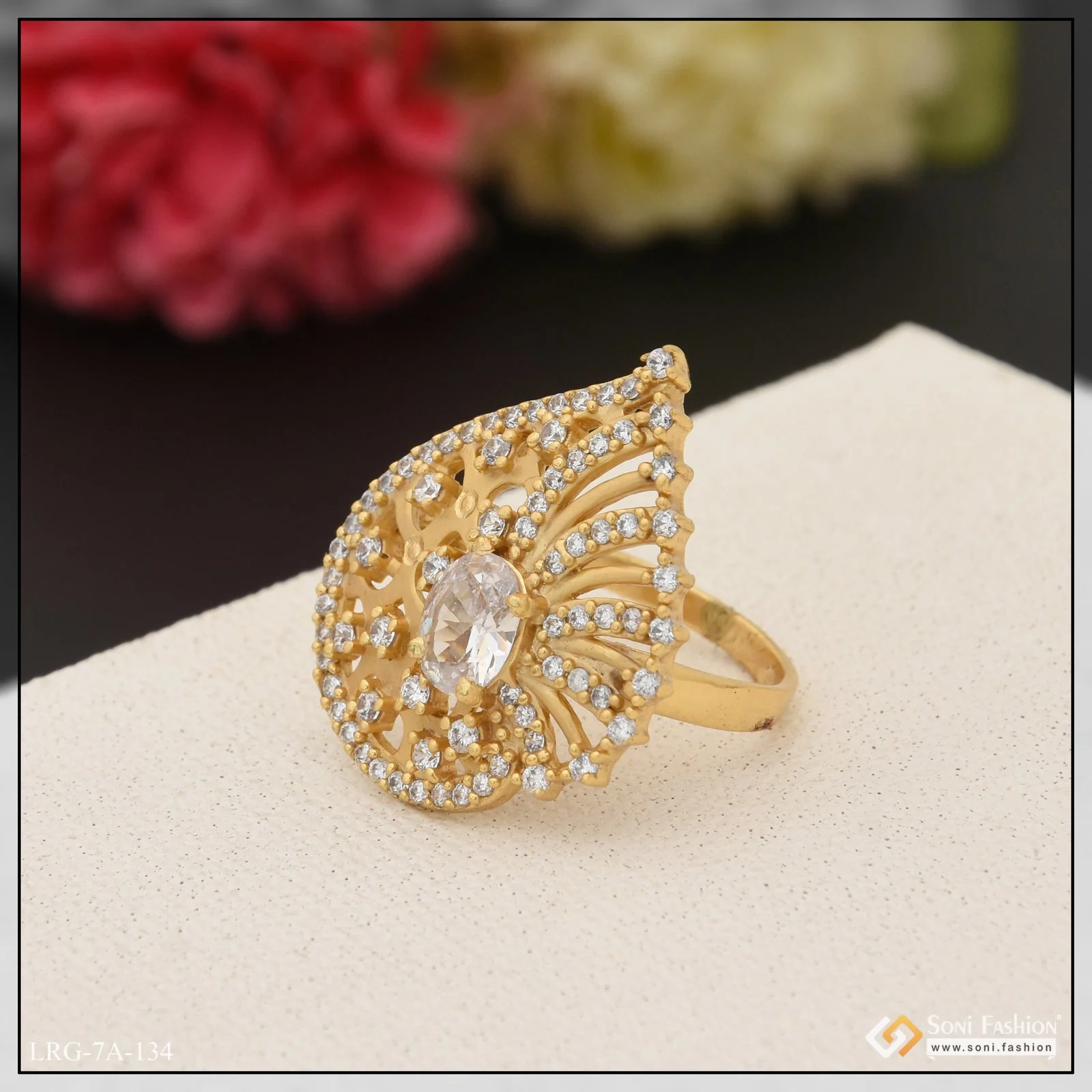 white Stone with Diamond Gorgeous Design Gold Plated Ring for Ladies - Style LRG-134 - Image 4