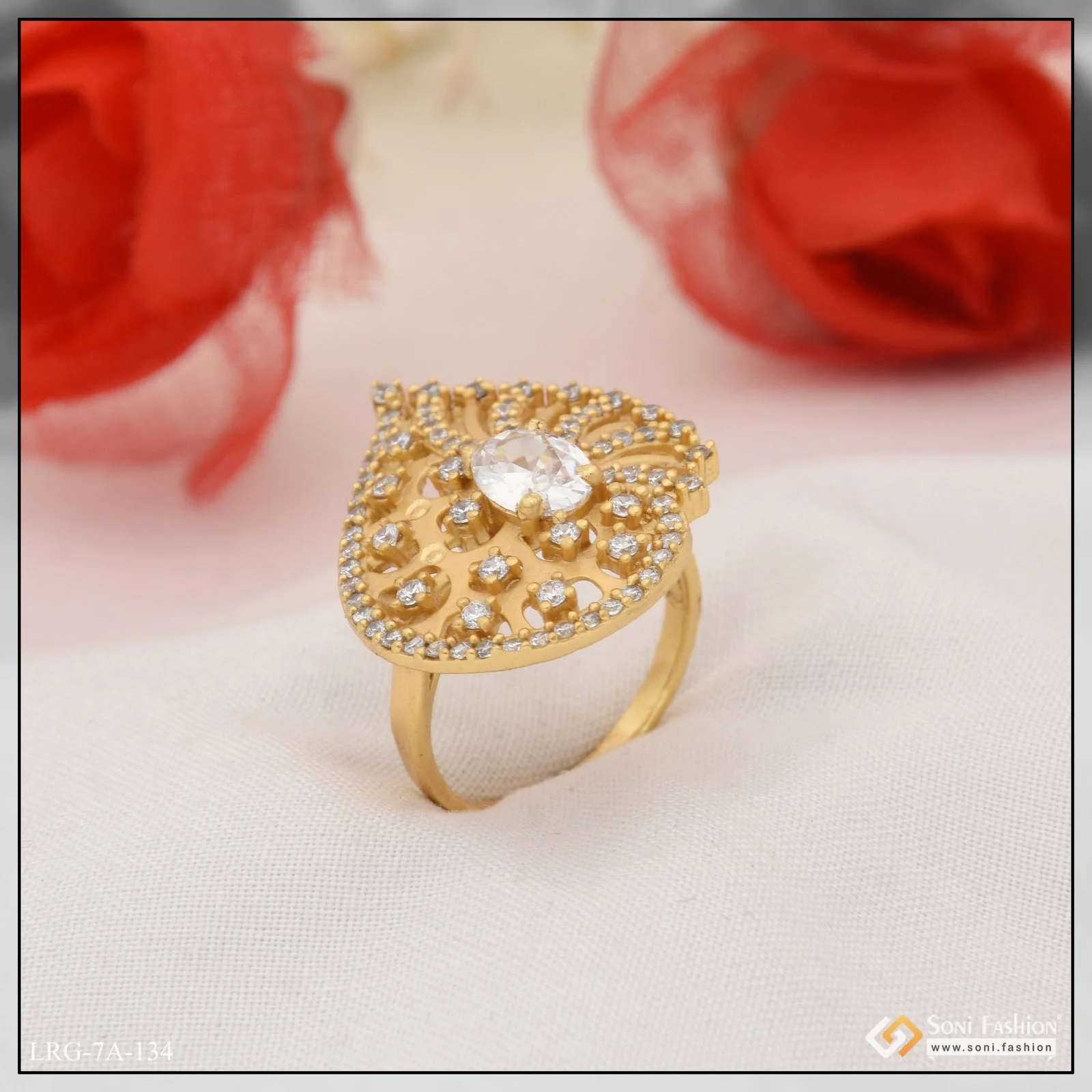 white Stone with Diamond Gorgeous Design Gold Plated Ring for Ladies - Style LRG-134 - Image 5
