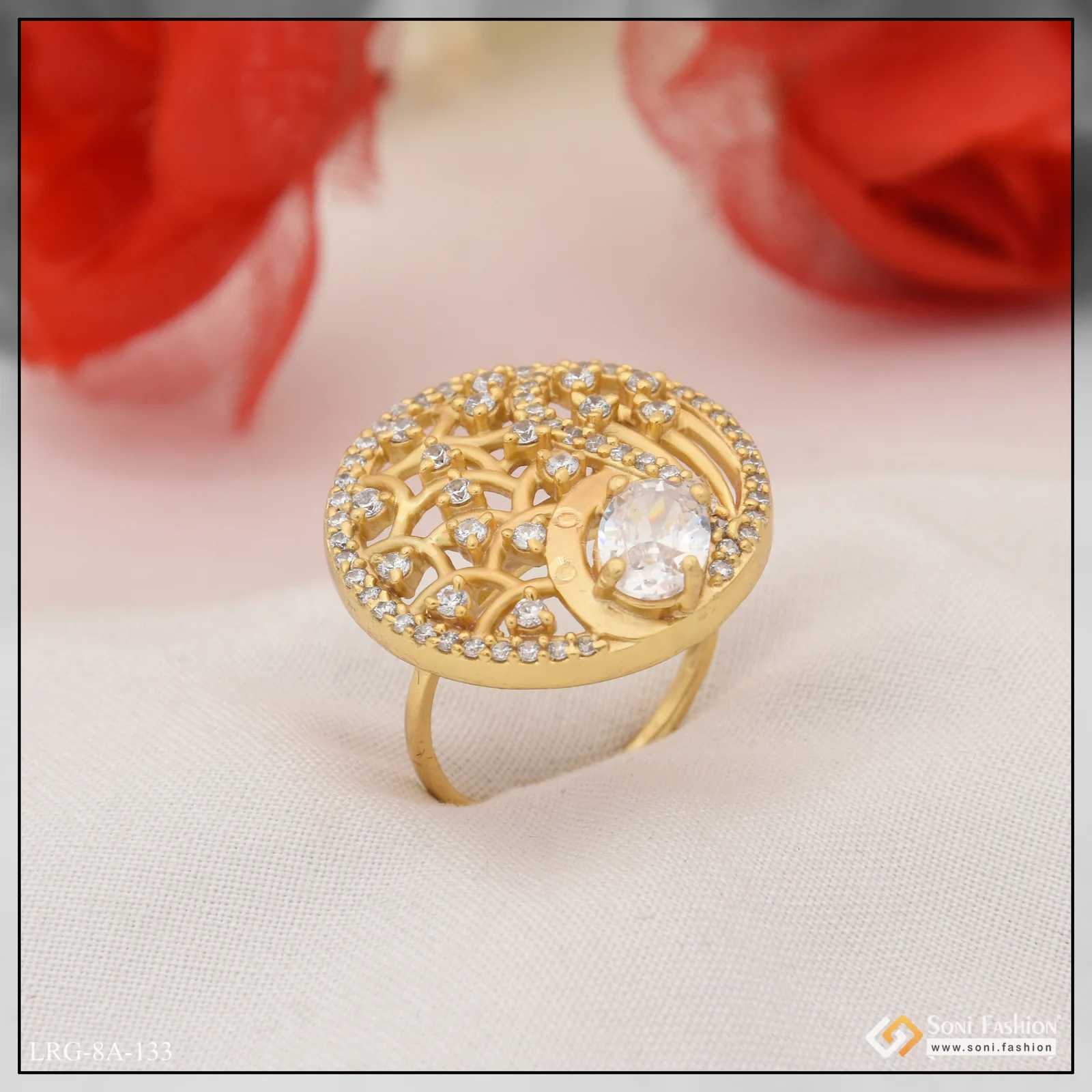 white Stone with Diamond Superior Quality Gold Plated Ring for Ladies - Style LRG-133 - Image 4