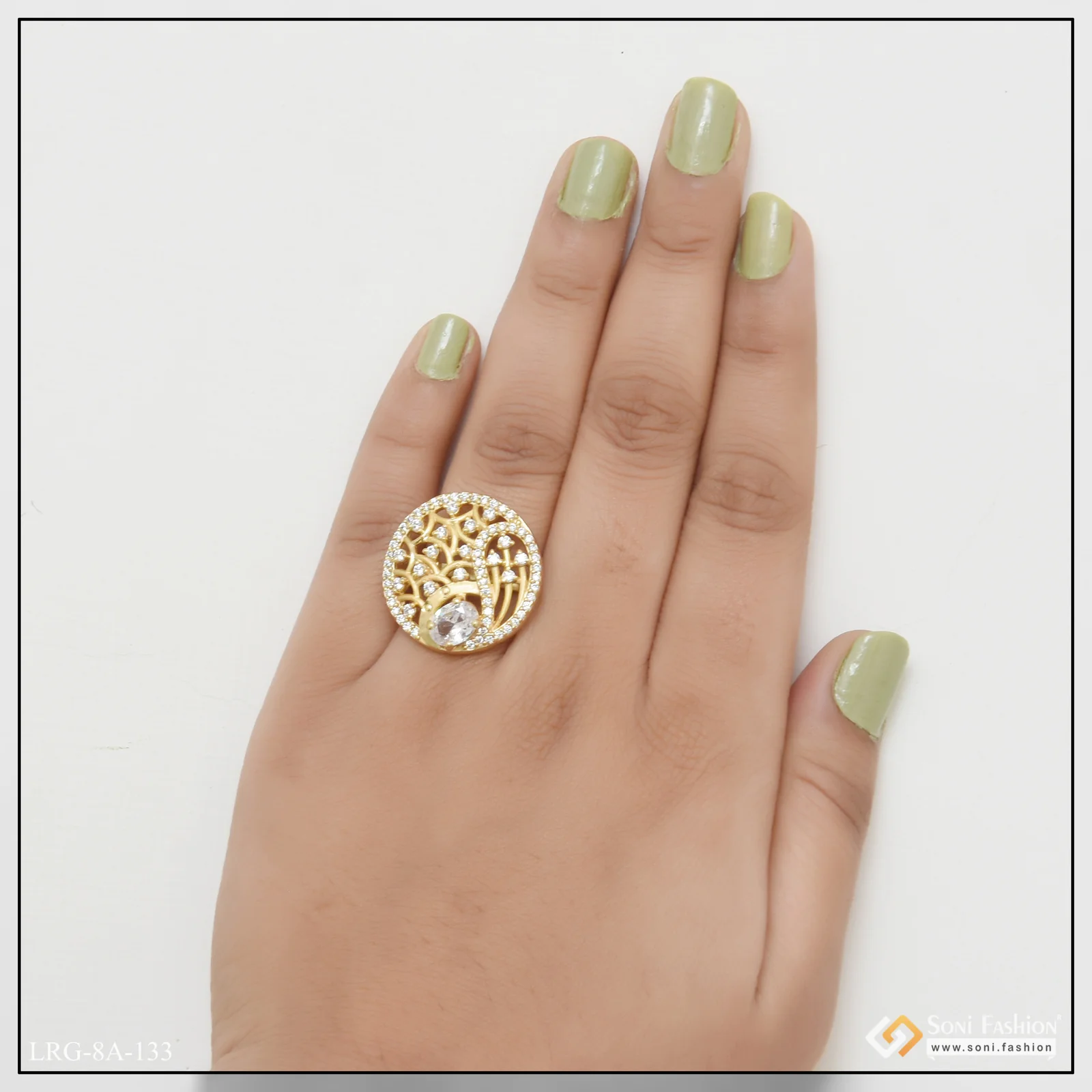 white Stone with Diamond Superior Quality Gold Plated Ring for Ladies - Style LRG-133 - Image 5