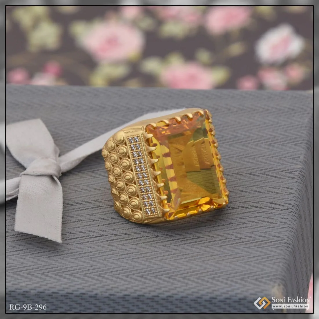 Yellow Stone With Diamond Fashionable Design Gold Plated Ring For Men - Style B296 - Image 3