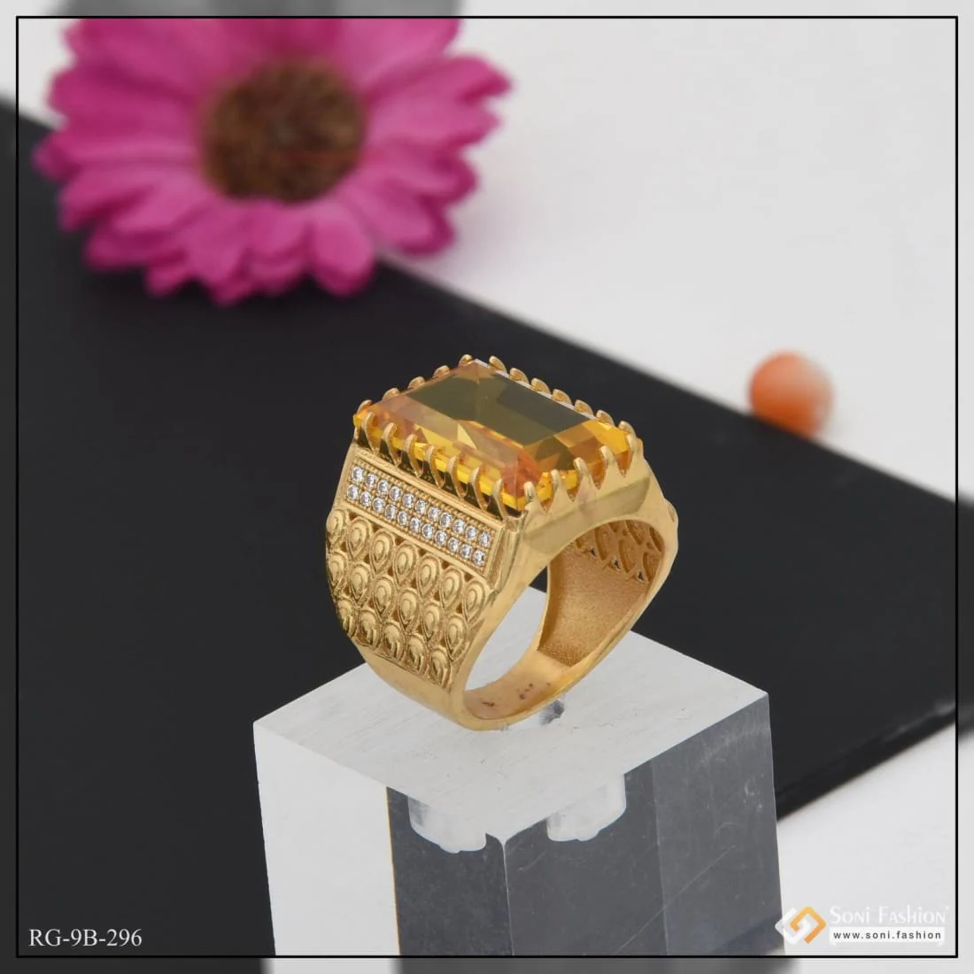 Yellow Stone With Diamond Fashionable Design Gold Plated Ring For Men - Style B296 - Image 4