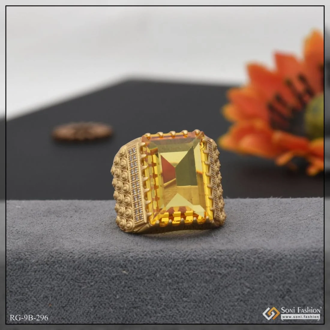 Yellow Stone With Diamond Fashionable Design Gold Plated Ring For Men - Style B296 - Image 5