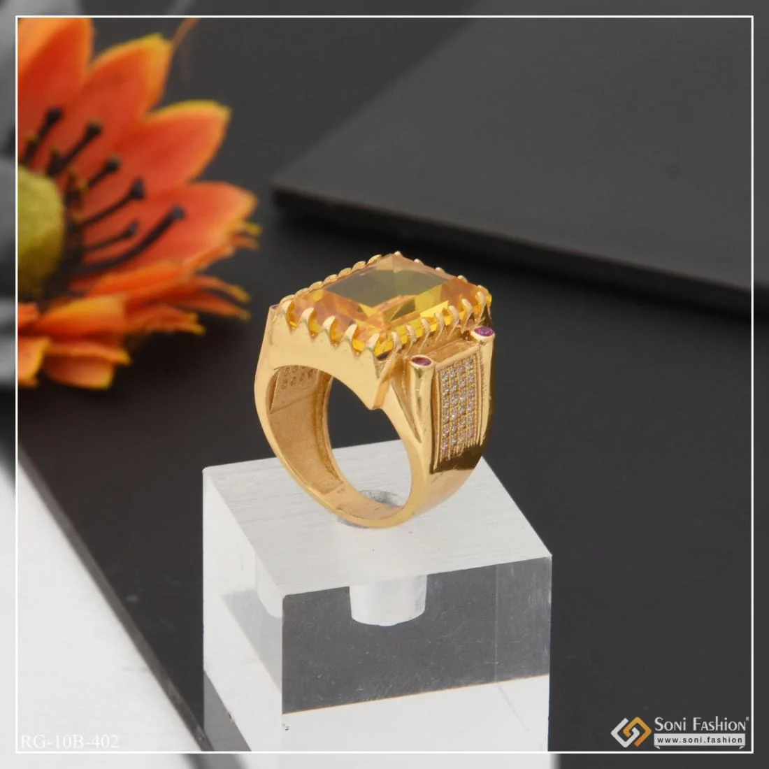 Yellow Stone with Diamond Fashionable Design Gold Plated Ring for Men - Style B402 - Image 3