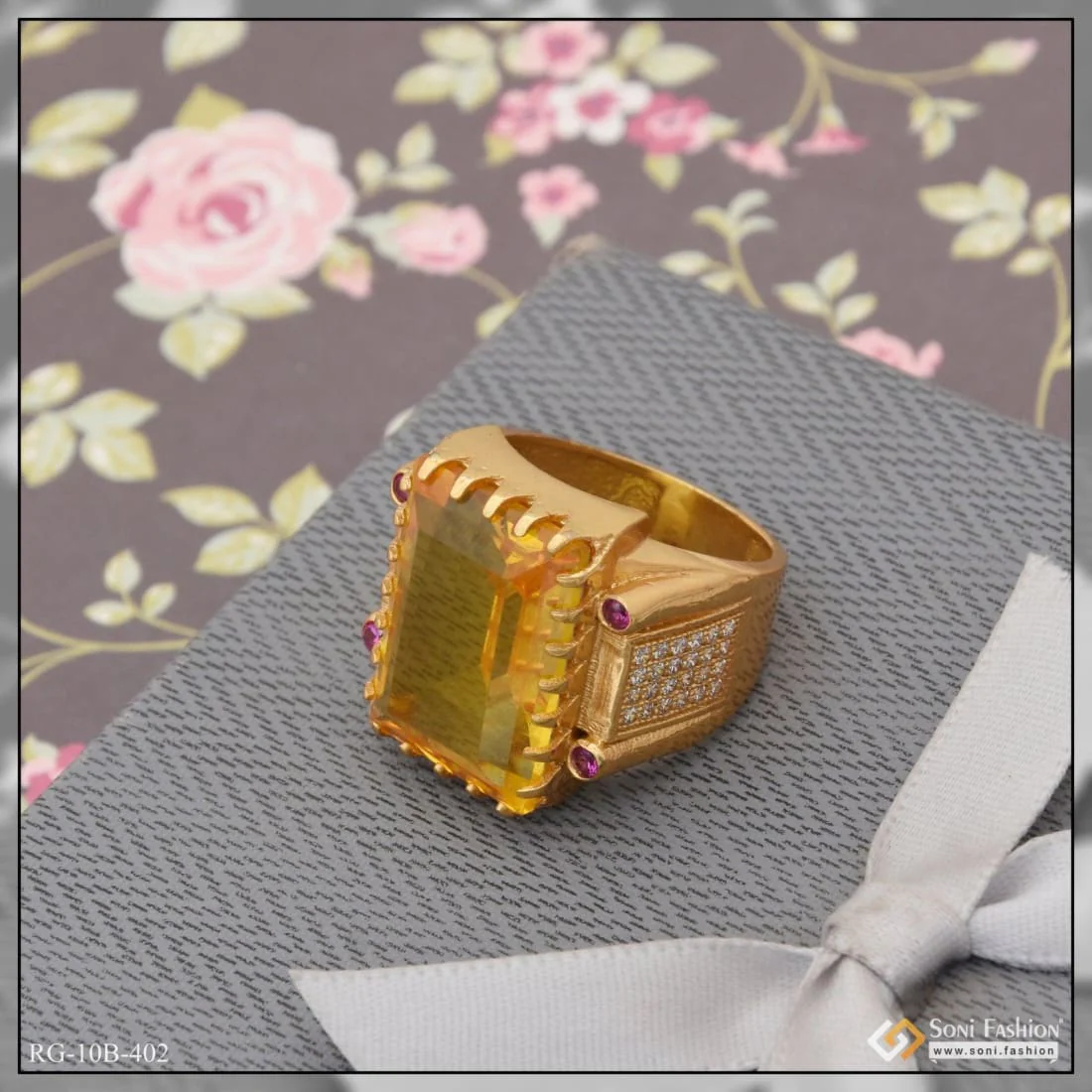 Yellow Stone with Diamond Fashionable Design Gold Plated Ring for Men - Style B402 - Image 5