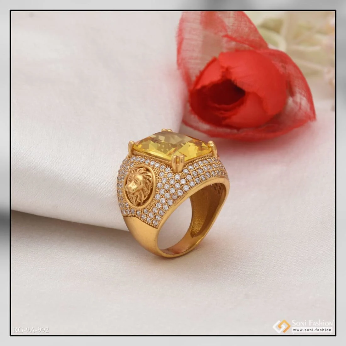 Yellow Stone with Diamond Fashionable Design Gold Plated Ring for Men - Style A992 - Image 2