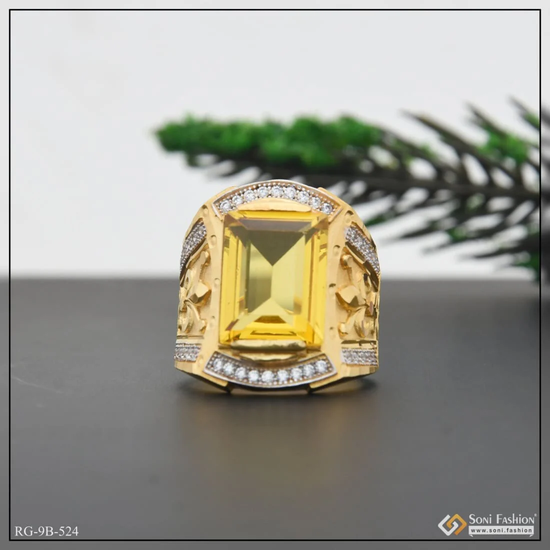 Yellow Stone with Diamond Glittering Design Gold Plated Ring for Men - Style B524 - Image 6